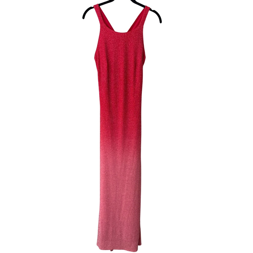 Vintage Jump Women Y2K Ombre Metallic Cross Back Maxi Dress Size 9/10 Red Pink